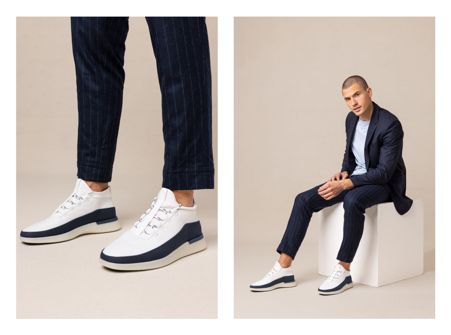 Man wearing Crossover™ Mid in Blue and vanilla in a navy suit. 