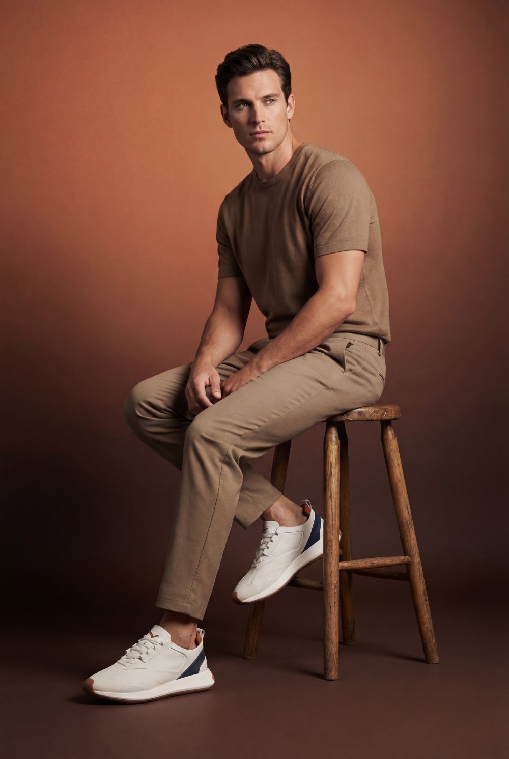 Generated with Kive.ai - handsome male model wearing sitting on a beautiful slightly rustic wooden stool.jpg