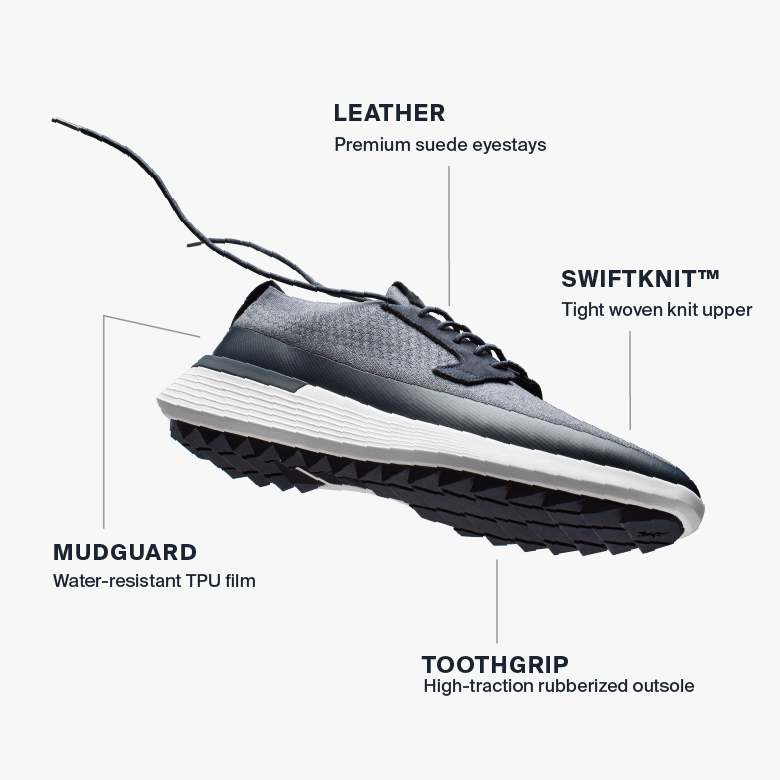 Floating Graphic of Swiftknit Derby WTZ in Heather Navy. Mudguard: Water Resistant TPU Film. Leather: Premium Suede eyestays. Swiftknit: Tight Woven Knit Upper. Toothgrip: High traction rubberized outsole