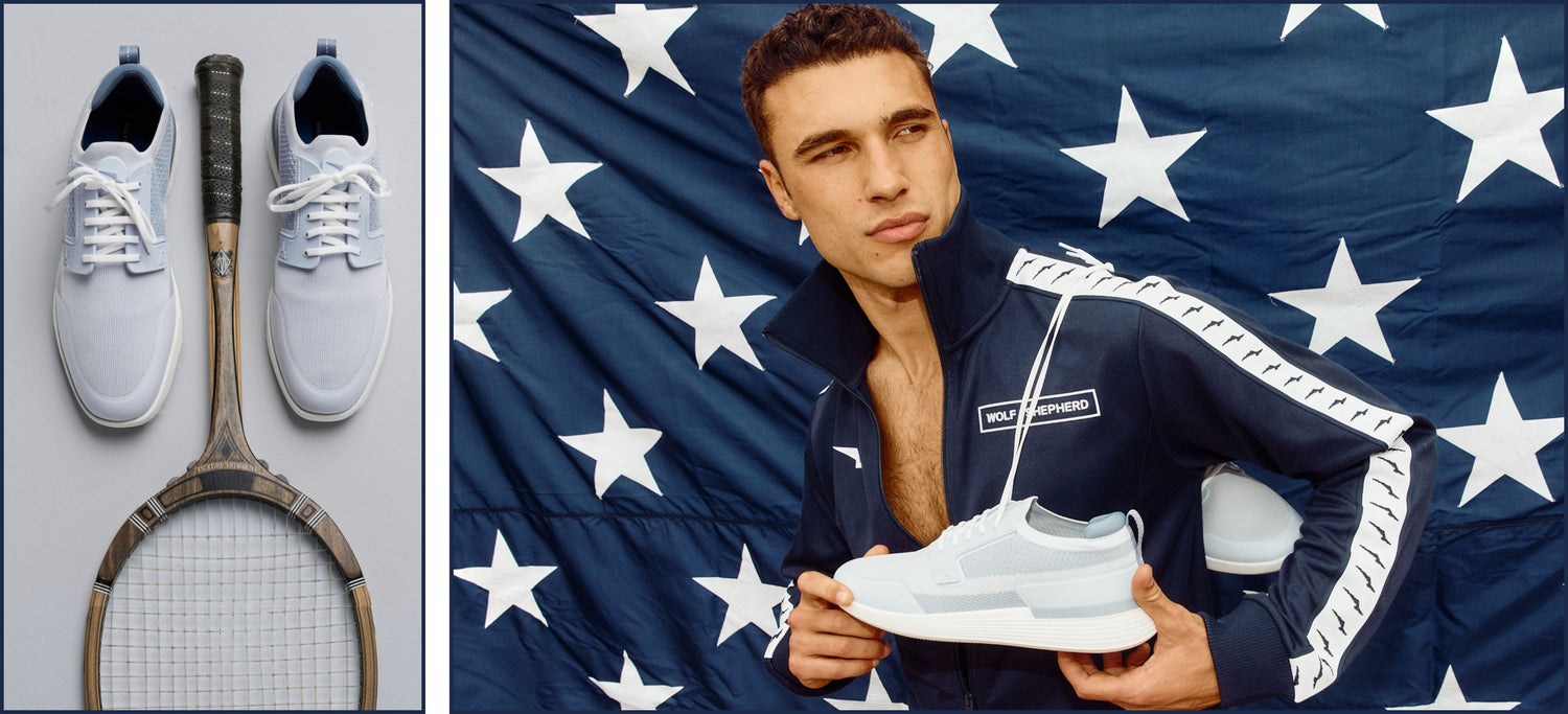 side by side image, swiftknit sneakers next to a tennis racket on the left, and model holding the sneakers on the right